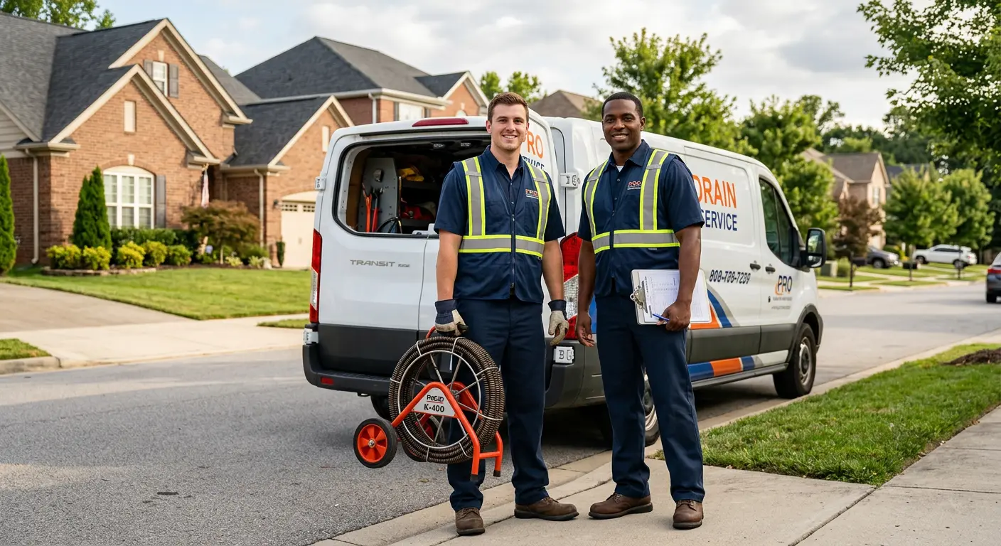 Sewer and drain service team with equipment ready for work in Eldridge