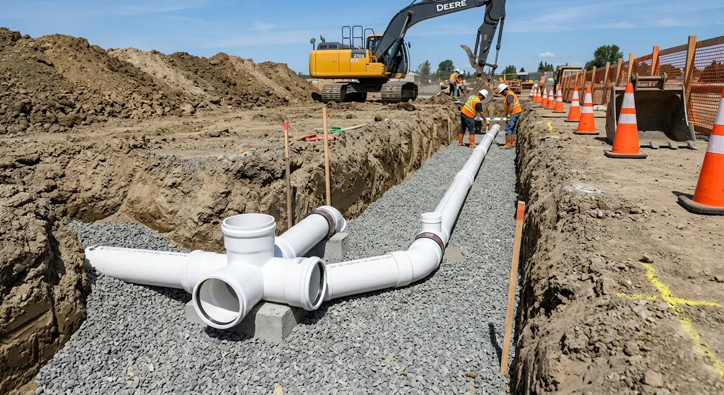 New PVC sewer pipe installation in open trench for Sewer Backup in Eldridge