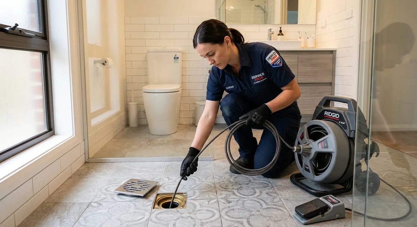 Technician clearing a bathroom floor drain for Drain Cleaning in Eldridge